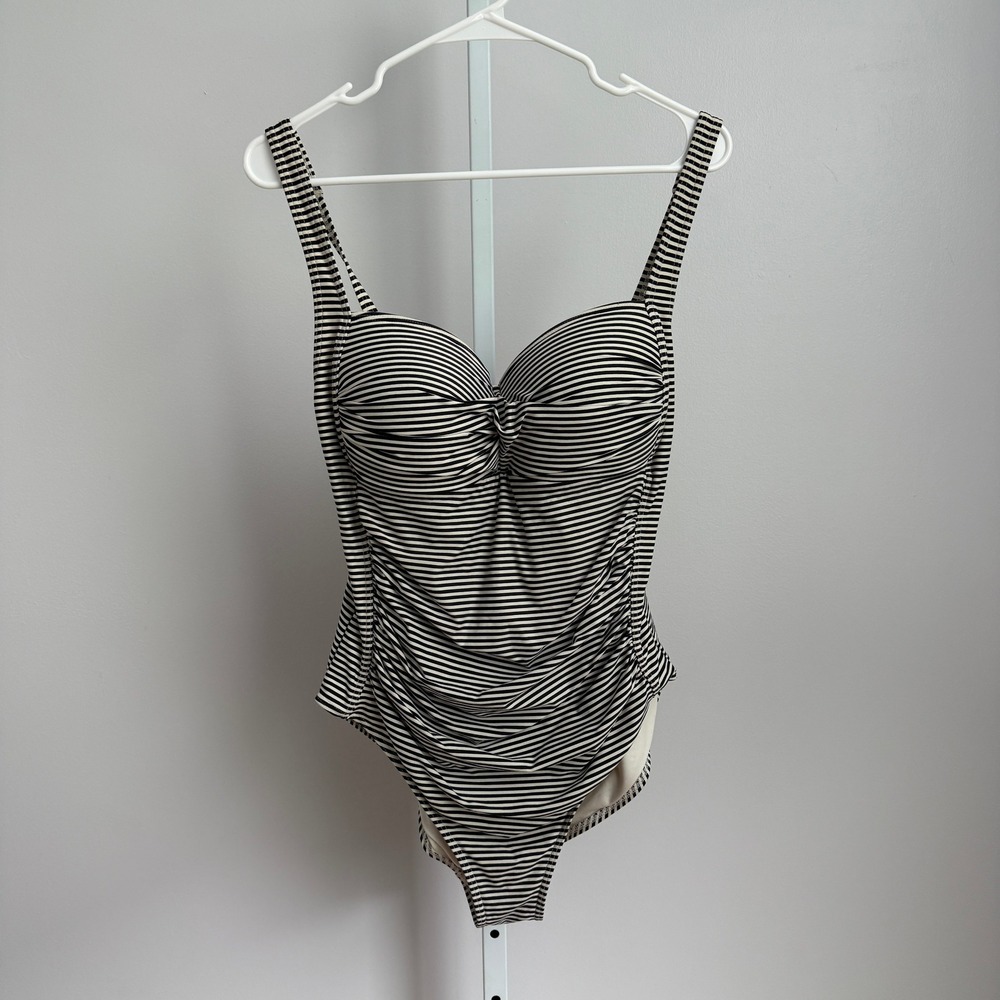 Nip Tuck Swim One Piece Ruched Swimsuit Black White Striped Size 10
